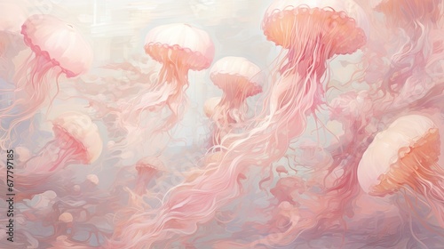  a painting of pink jellyfish floating in the ocean with a blue sky in the back ground and a light blue sky in the background.