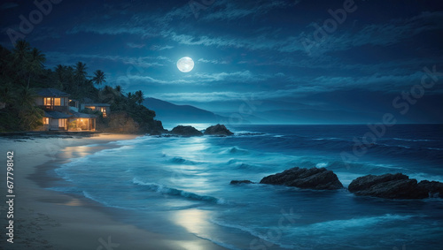 Deep blue moonlit ocean at night with serene waves. Ai Generative
