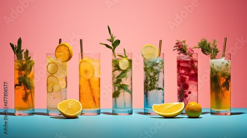  a row of tall glasses filled with different types of drinks and garnished with greenery and lemons.