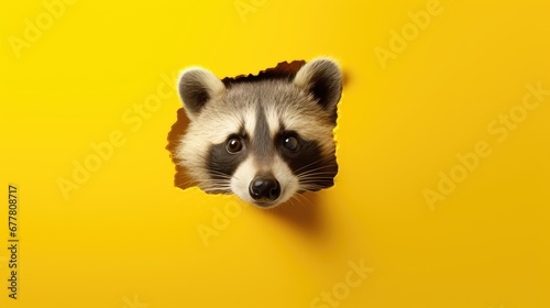  a raccoon sticking its head out of a hole in a yellow wall with it's head sticking out of a hole in the side of the wall.