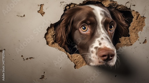  a brown and white dog looks out of a hole in a wall that has been painted white and has a hole in the wall with a dog's head.