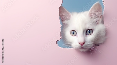  a white cat with blue eyes peeking out of a hole in a pink paper with a pink wall behind it and a pink wall behind it is a white cat with blue eyes.