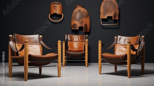 Kleiman leather 'tsar chairs', African design, in the style of realist fine details, light brown and navy, arbitrate fir kunst, unpolished authenticity, voigtlander brilliant, camera Lucida