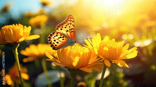 Beautiful image in nature of monarch butterfly on lantana flower on bright sunny day