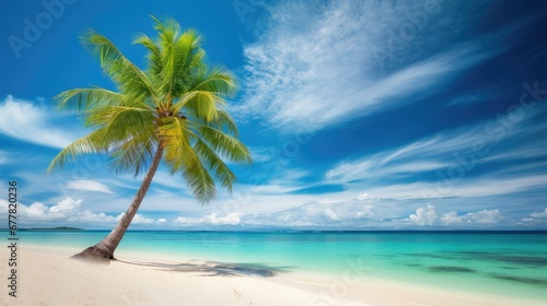 Beautiful palm tree on tropical island beach on background blue sky with white clouds and turquoise ocean on sunny day