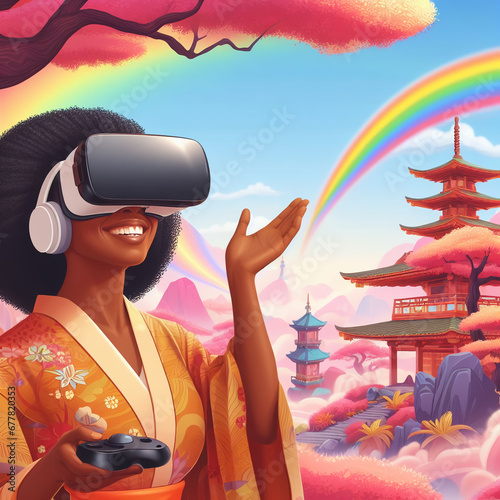 a happy black women wearing a VR headset in a Shangri-La with a rainbow