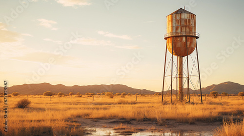 Isolated water tower, rusted, standing in a barren desert