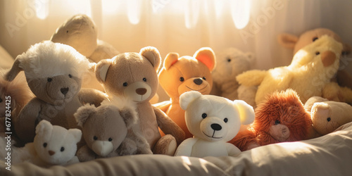 pile of assorted plush animals on a child's bed, backlit by a window creating a silhouette
