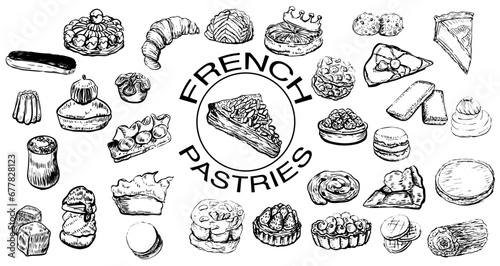 Set of varieties of French pastries ink vector illustration, croissant, macaroons, galette des rois, eclair, saint-honoré, crêpes, pie, Chouquettes, sablés, financiers 