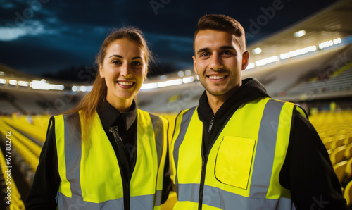  deux stadiers ou agents de sécurité, un homme et une femme, avec un gilet jaune fluo - fond gris