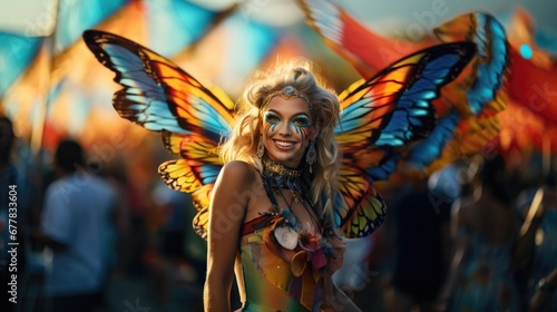 woman dressed up as a butterfly carnival festival costume