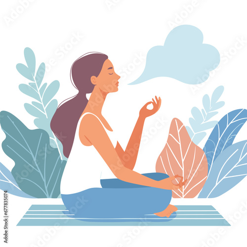 Woman doing inhale breath exercise for calm stress relief flat simple vector illustrations on white background