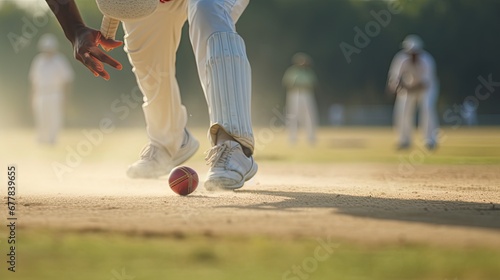 A photograph during cricket match, featuring the dynamic interplay of bowlers and batsmen on the pitch, adeptly captures the intensity and excitement of the game