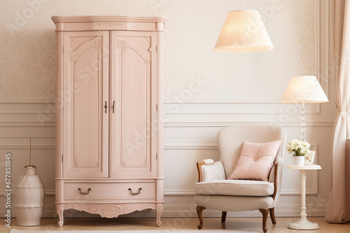 French provincial wardrobe decorating a traditional bedroom in soft pastel colors