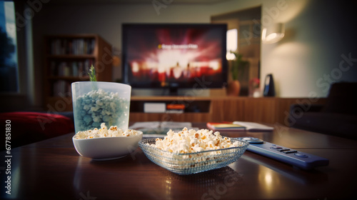 télécommande de télé et popcorn posés sur une table basse, ce soir c'est soirée cinéma à la maison