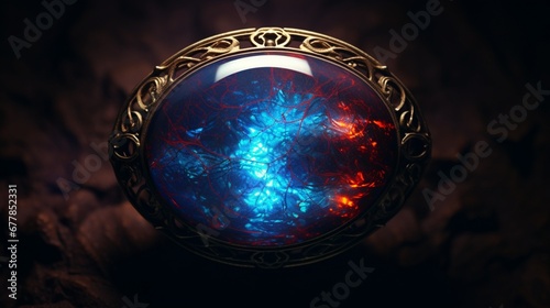 A Black Opal embedded in an ancient, mysterious artifact under intricate lighting. 