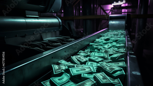 Machine Runs Down Conveyor With Stack Of Hundred Dollar Bills, Banknote. Print Press Money Machine. Finance, Stock Market ,tax Or Investment. Copy Space For Text. Ai Generated. Horizontal