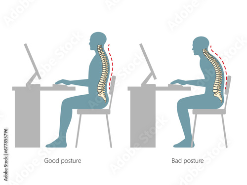 Correct and incorrect posture at the table spine vertebral column diagram hand drawn schematic vector illustration. Medical science educational illustration