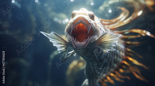 Vivid fish with open mouth, amidst underwater light.