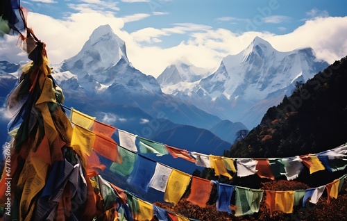 Tibetan prayer flags in front of Mount Everest, Nepal