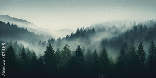 Mystic foggy dark green pine tree forest, landscape background 