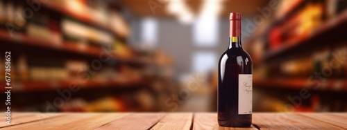 a wooden counter with wine bottle on the background of a blurred grocery store, an empty tabletop layout for advertising a product or product