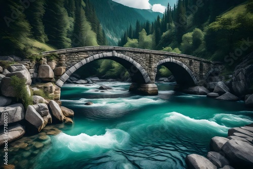 An ancient, weathered stone bridge spanning a mountain river