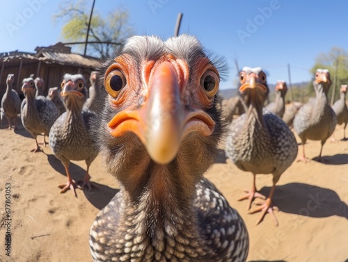 A close-up of the face of a guinea fowl looking at the camera. A bird in a natural environment. Natural background. Illustration for cover, postcard, interior design, banner, brochure, etc.