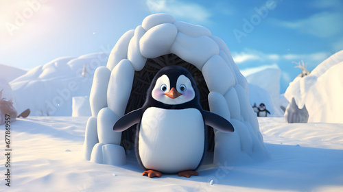 Cartoon penguin near the igloo 