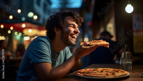 Young man eating a slice of pizza outside a pizzeria
