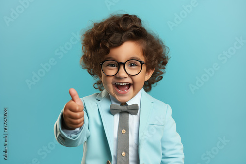 Boy with glasses and wearing in a jacket standing over isolated blue background doing happy thumbs up gesture with hand.