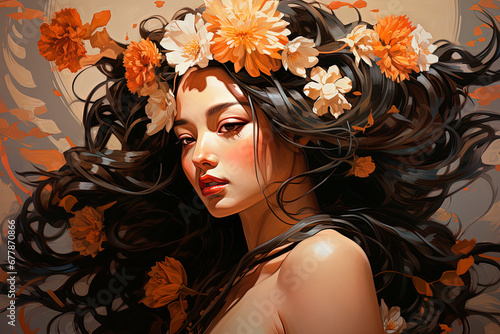 A beautiful geisha with flowers in her hair. Generative AI
