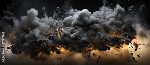 The black explosive bomb caused an isolated fire creating an abstract cloud of smoke that blew dust and created a textured background with a splash