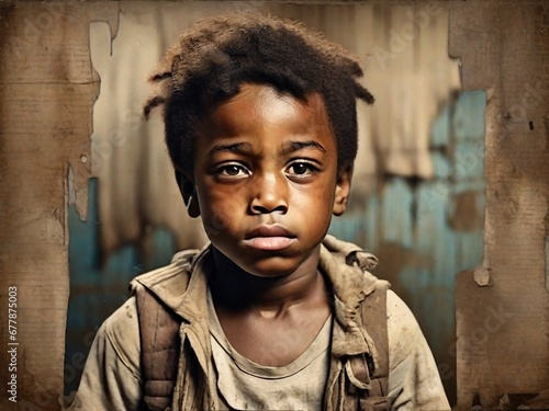 Sad african boy in shabby clothes looks into the camera. Portrait. Poverty, hunger and disasters concept.