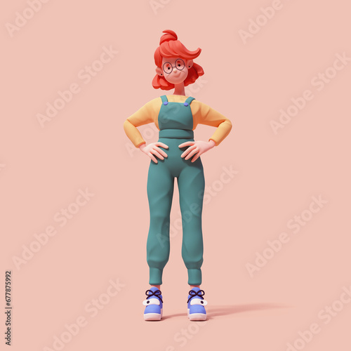 Cute kawaii positive excited asian smiling colorful red-haired k-pop girl in fashion clothes green pants yellow t-shirt, blue sneakers stands with hands on hips has fun joy. 3d render on pink backdrop