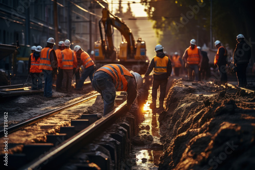 A construction crew working on the installation of a new subway line, symbolizing the Concept of mass transit infrastructure. Generative Ai.