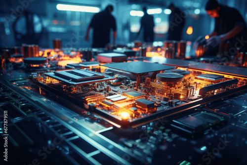 Workers assembling electronic components in a high-tech factory, highlighting the complexity of global supply chains in the tech industry. Generative Ai.