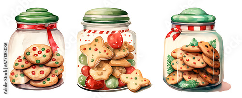 Christmas cookie jar watercolor clipart illustration with isolated background.