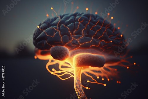 Close up of human brain showing neurons firing and neural extensions, limbic system Mammillary pituitary gland, amygdala thalamus, cingulate gyrus, corpus callosum, hypothalamus.