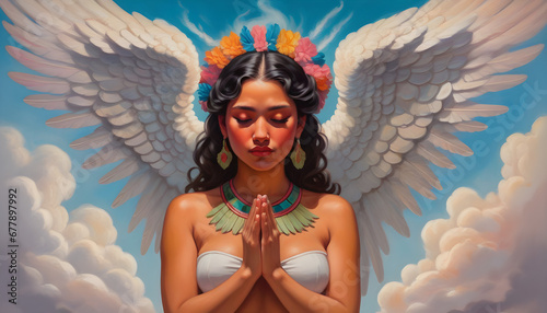Godddess Mexican Girl Angel Wings Chicano Lowrider Art Street Tattoo Illustration Airbrush Aztec Praying Hands #34