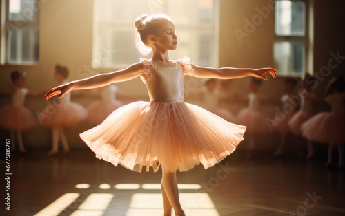 Little ballerina girl dancing in a ballet studio, sunlight