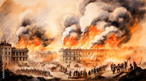 The White House and Washington DC set on fire by British troops during the War of 1812