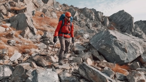 a man wearing a backpack climbs a rocky mountain peak