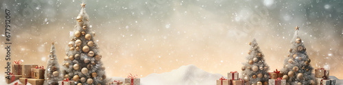 narrow background christmas decorations, panorama winter holiday banner long, christmas tree and gifts