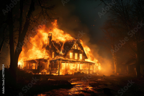 Burning wooden building at night, single family detached home completely destroyed by fire. House in flames and smoke. Concept of damage, disaster, insurance, arson, wood, wildfire