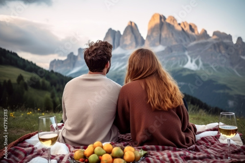 Beautiful couple having a picnic in flowering alpine meadow and admiring a scenic view from a mountain top. Young man and young woman sharing romantic moment on nature trail.