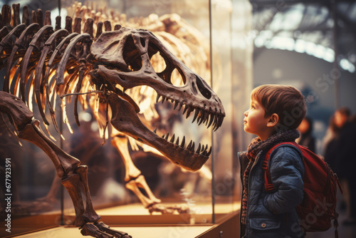 Child looking at the skeleton of an ancient dinosaur in the museum of paleontology. Little boy watching at dinosaur bones.