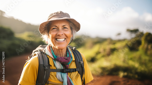 Senior female hiker wearing casual clothes taking a walk in Hawaiian scenery. Adventurous elderly woman with a backpack. Hiking and trekking on a nature trail. Traveling by foot.