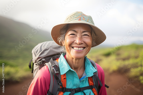 Senior female hiker wearing casual clothes taking a walk in Hawaiian scenery. Adventurous elderly woman with a backpack. Hiking and trekking on a nature trail. Traveling by foot.