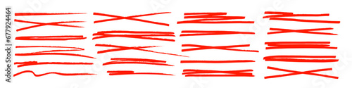 Underline and strike through red markers collection. Hand drawn vector underlines.